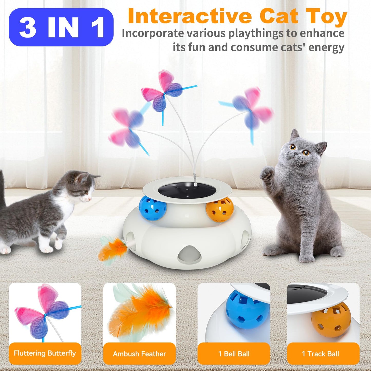 Interactive Cat Toys for Indoor Cats, 3in1 Rechargeable Pet Teaser Toy