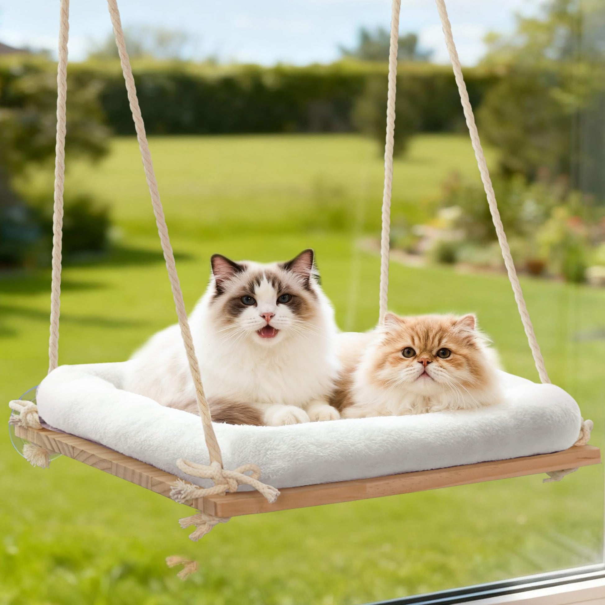 Anywish Cat Window Perch, Rustic Cat Hammock Bed with Solid Wood Bed