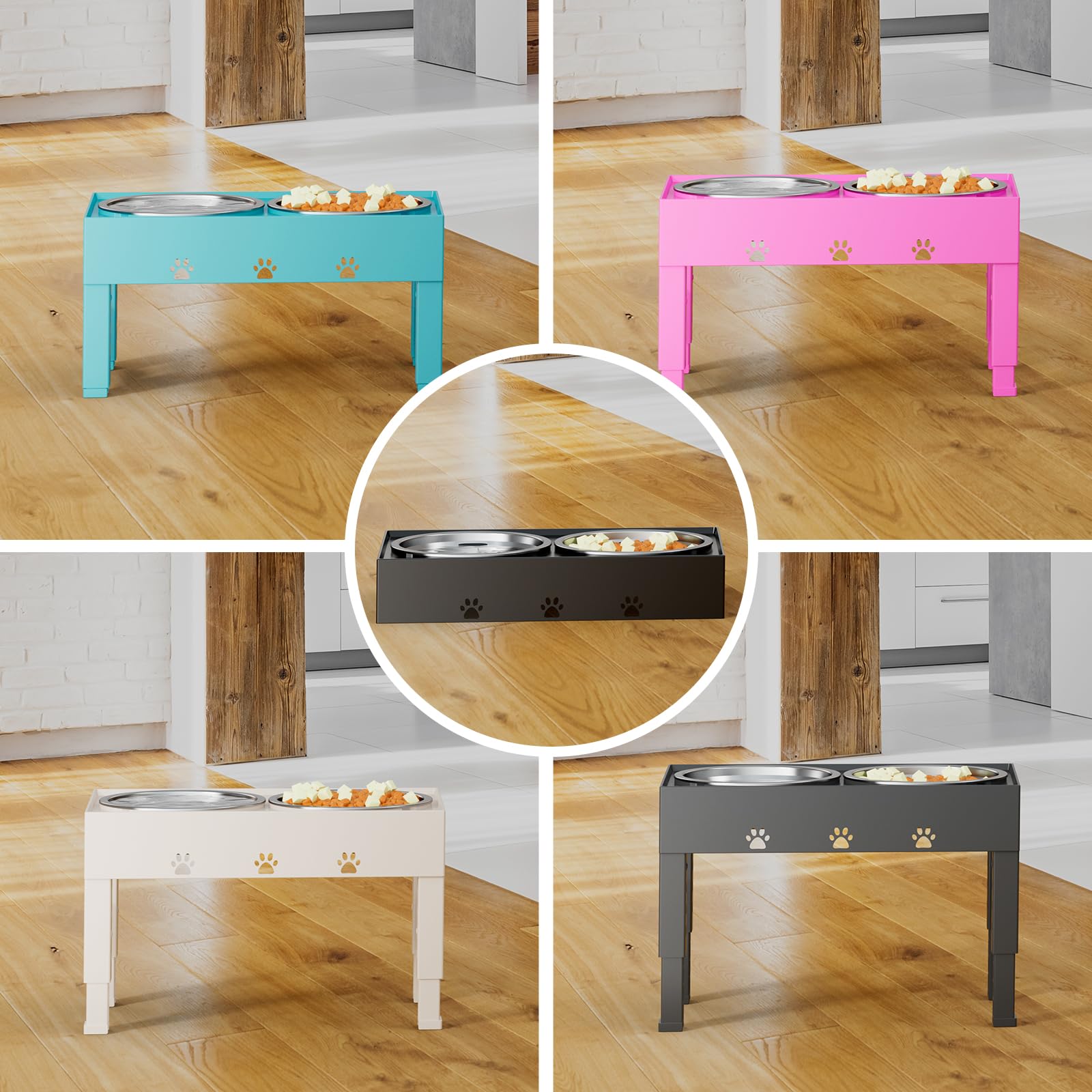 Elevated Dog Bowls with 2 Stainless Steel Bowls, 5-Height Feeder