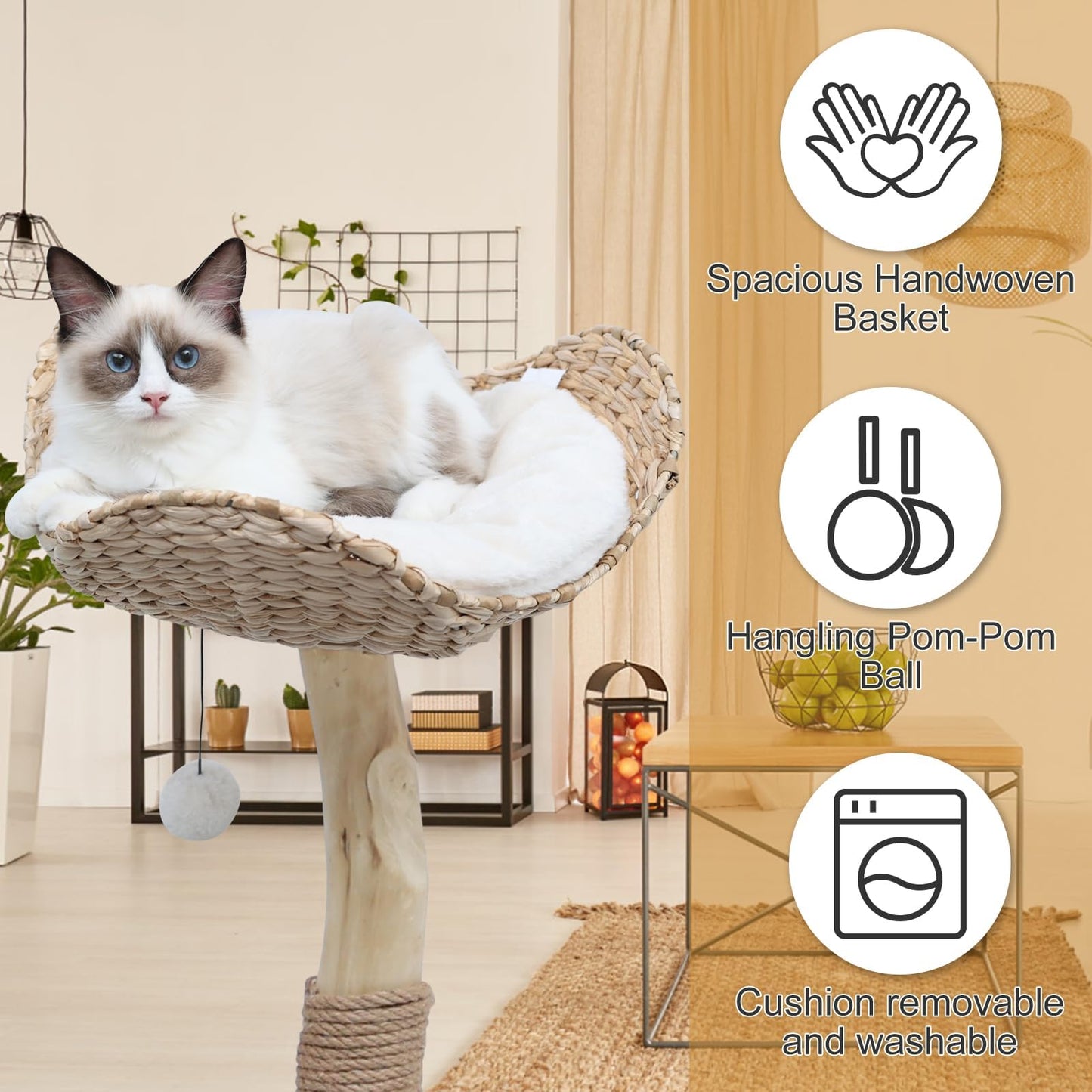 KULAMOON Modern Cat Tree Tower for Indoor Cats, Real Branch Ball