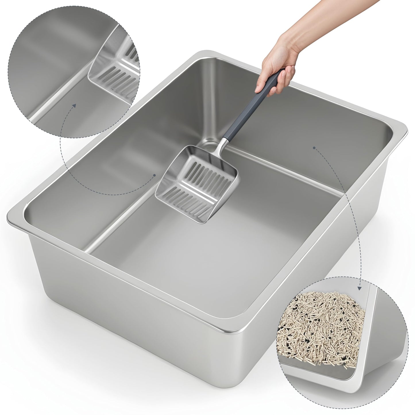 Kirecoo Stainless Steel Cat Litter Box Metal High Sided Cat Pan, Tray