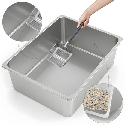 Kirecoo Stainless Steel Cat Litter Box Metal High Sided Cat Pan, Tray