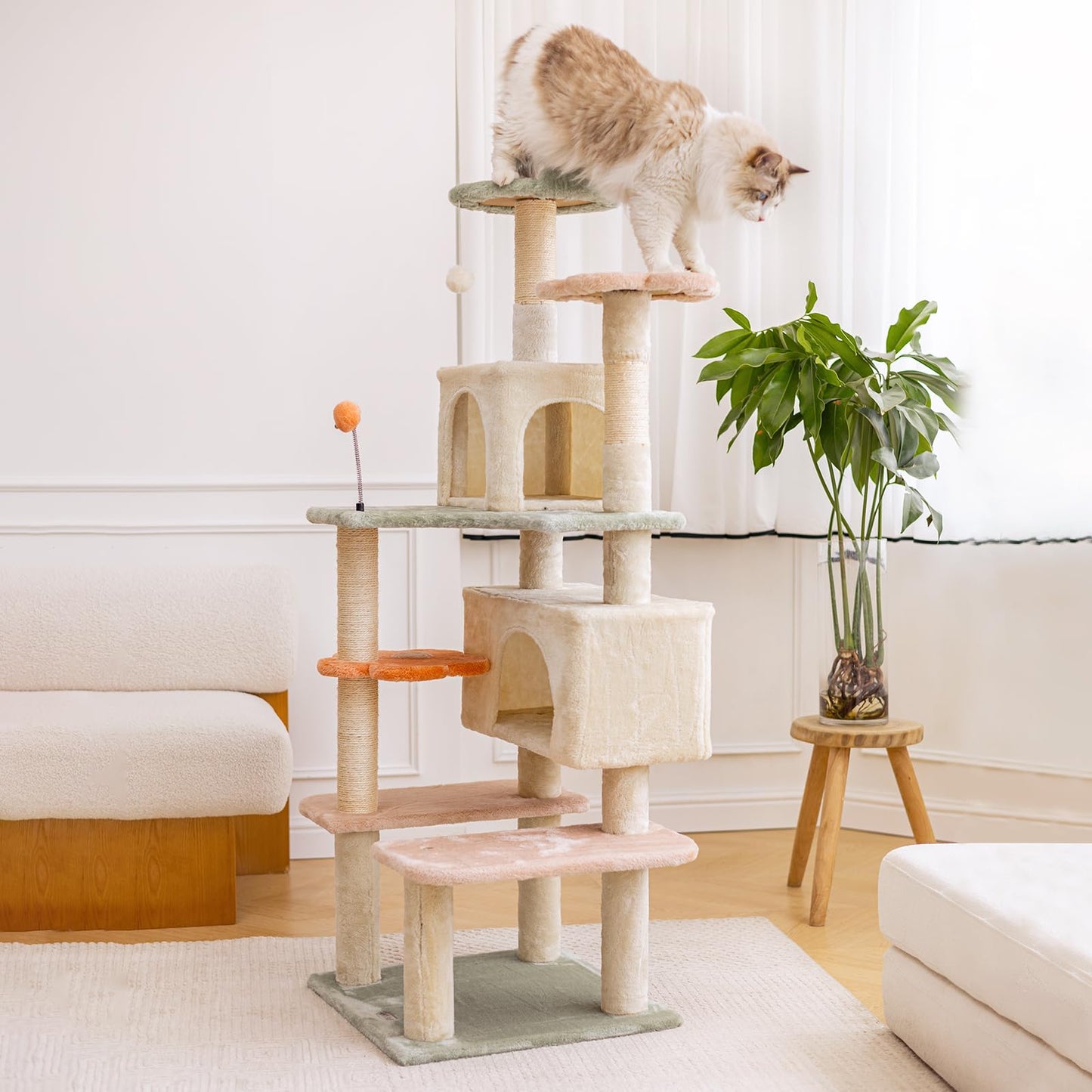 HYABi Flower Cat Tree Tower Multi-Level Cat Condo with Plush Balls