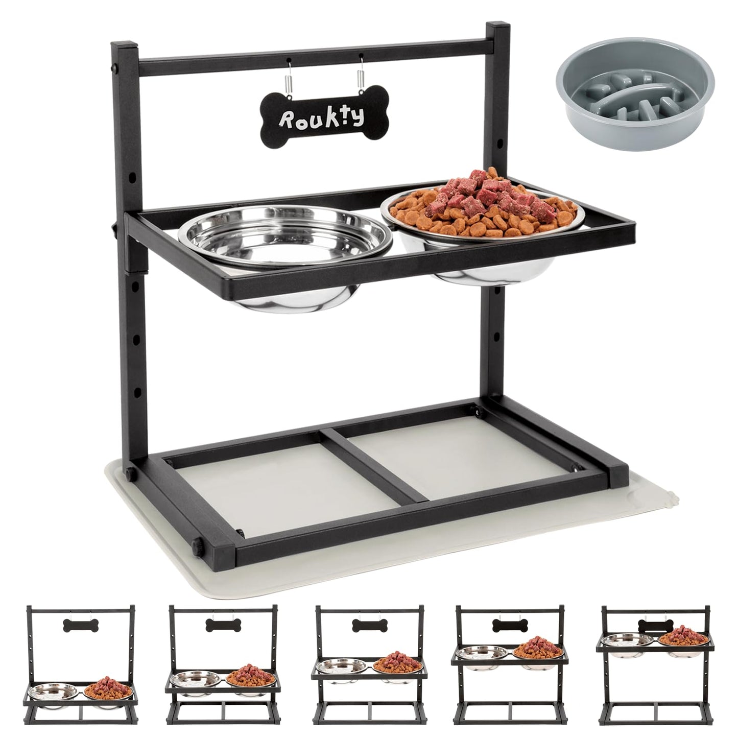 ADENGL Elevated Dog Bowls with Slow Feeder, 5 Adjustable Heights Mat