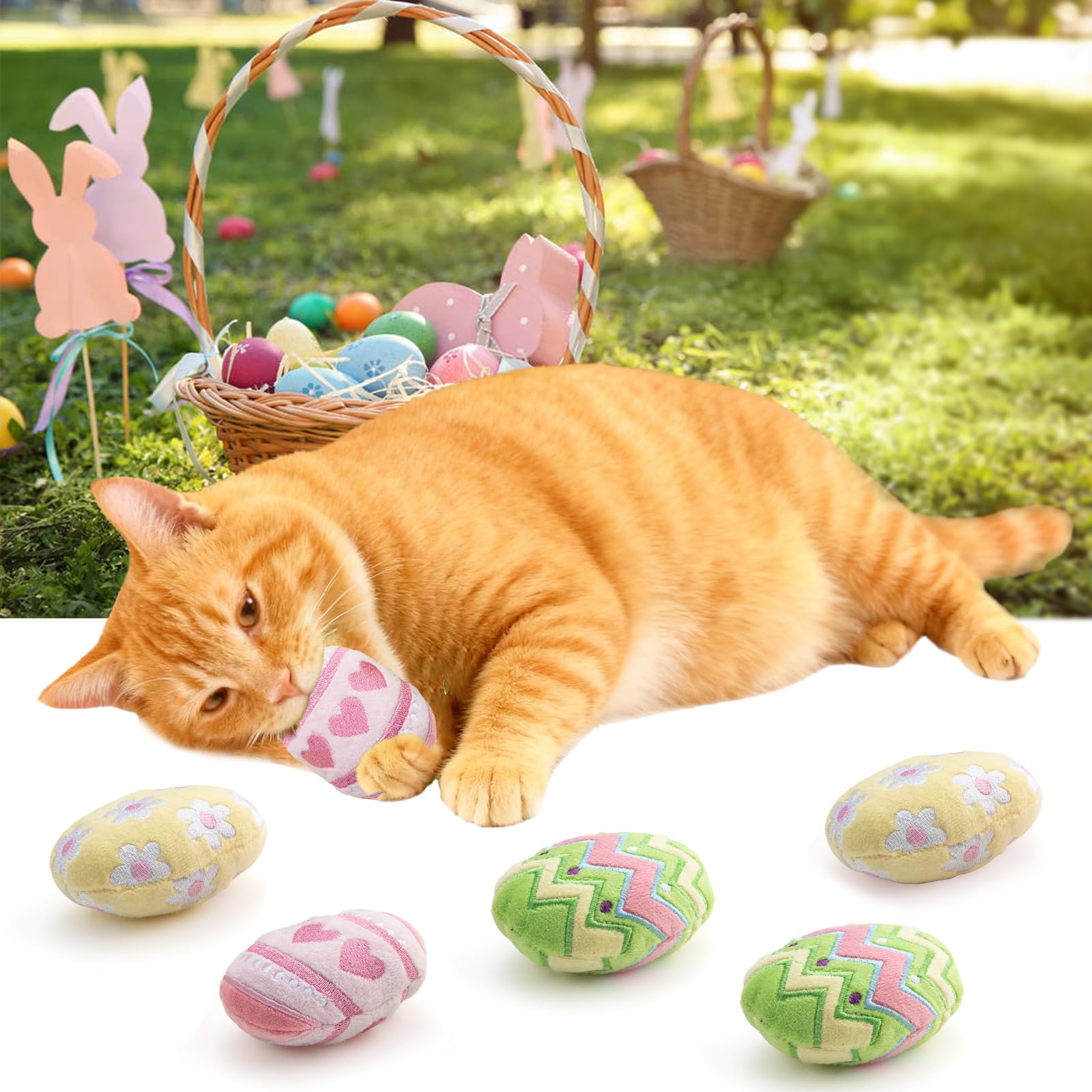 Jocomoni 6pcs Easter Catnip Toy，Indoor Easter Egg Shaped Cat Catnip