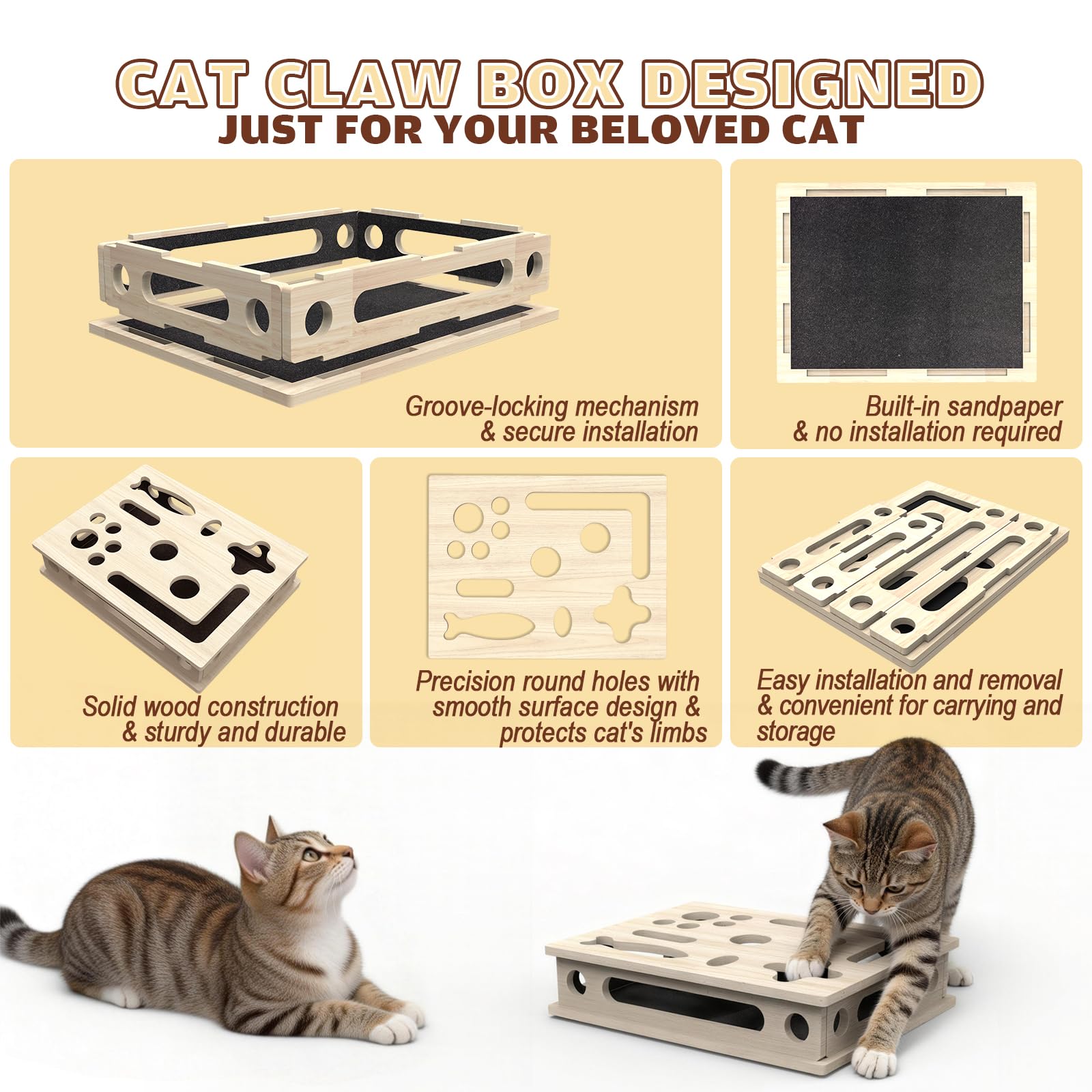 Cat Scratch Puzzle Enrichment Box, Solid Wood Construction Cat Box