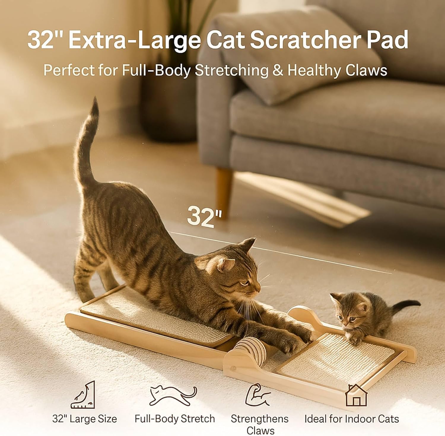 32" Sisal L Shaped Cat Scratch Pad with Ball Toy, Wooden Ball