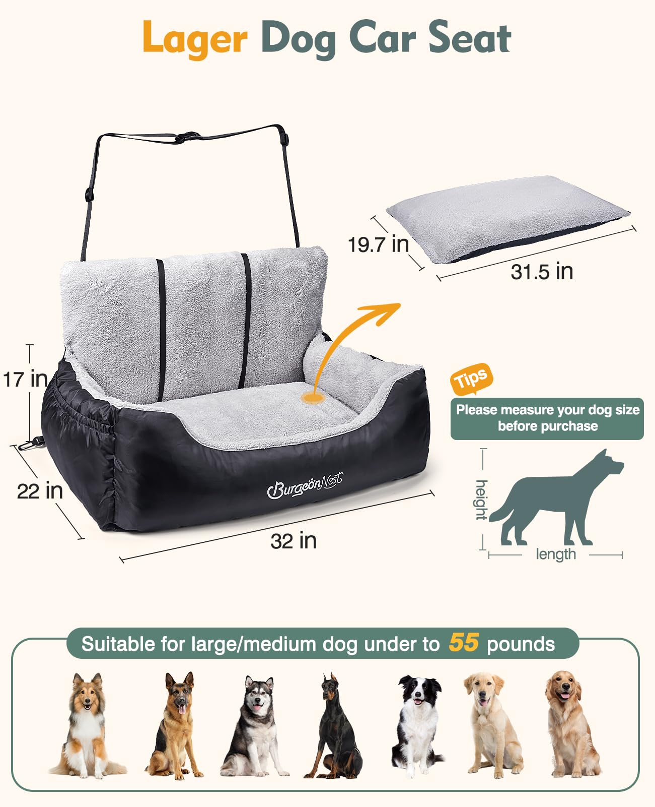 BurgeonNest Dog Car Seat for Medium/Large Dogs Under Soft Pet Car Seat