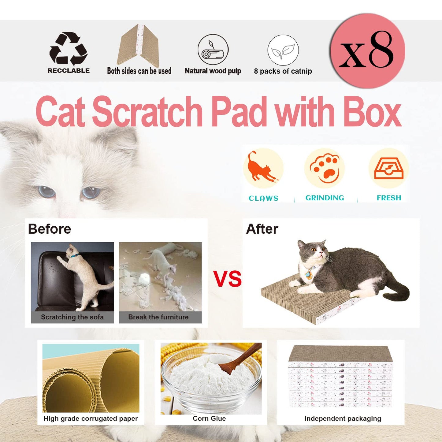 8 Packs in 1 Cat Scratch Pad, Cat Scratcher