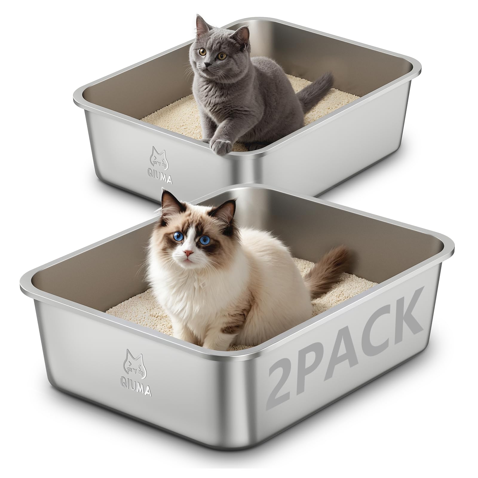 Qiuma 2 Packs Stainless Steel Cat Litter Box, 17.6" L×13.6" W×5.9" Box