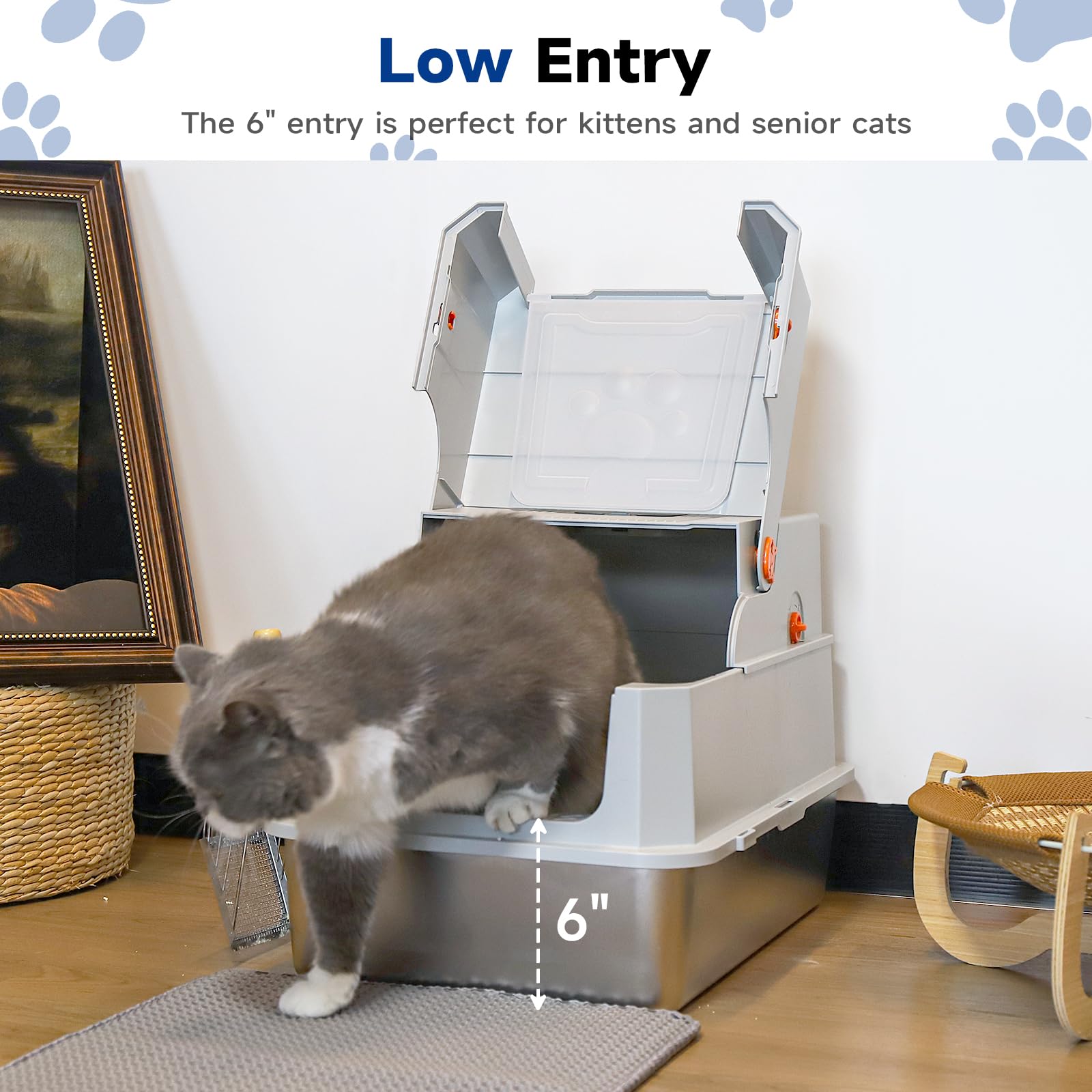 TENTIZON Stainless Steel Cat Litter Box with Lid, Large Covered Mat