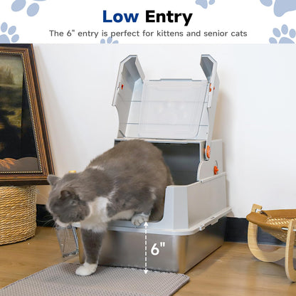 TENTIZON Stainless Steel Cat Litter Box with Lid, Large Covered Mat