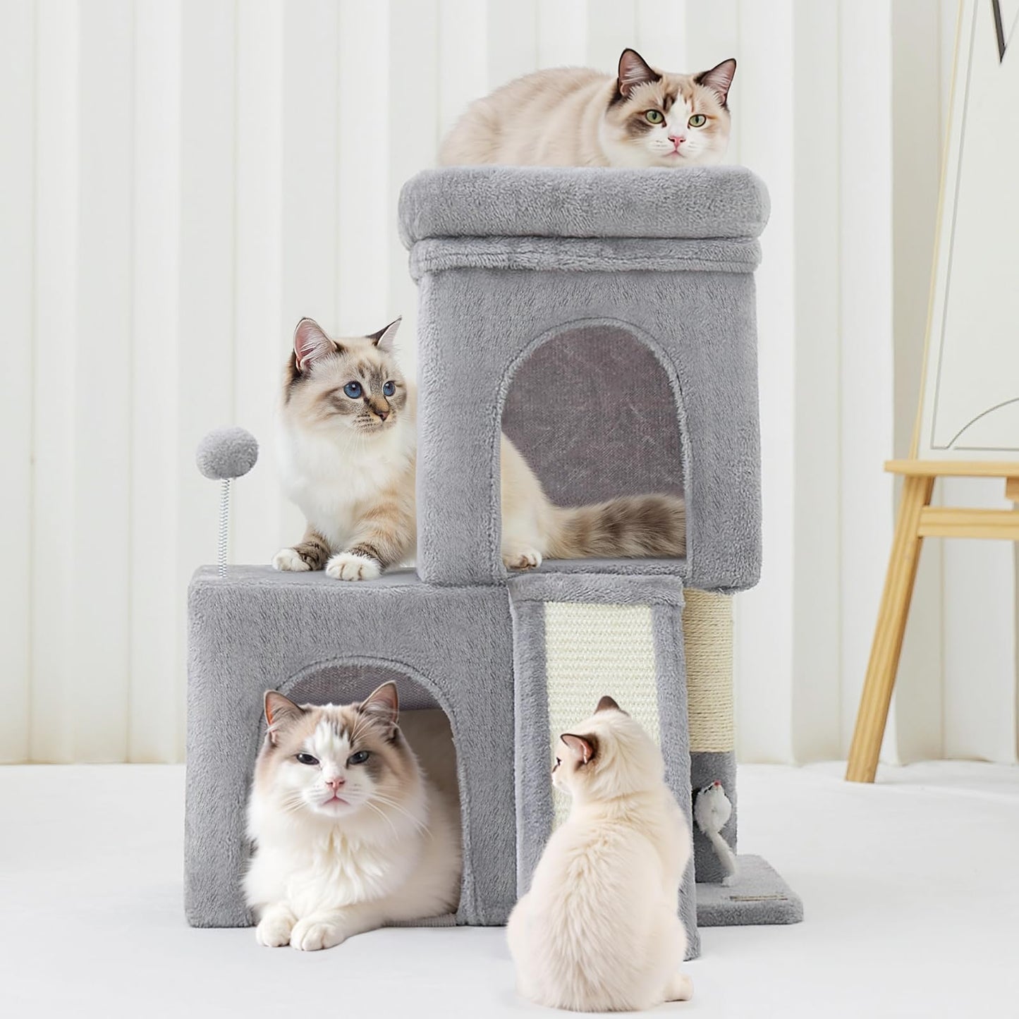 Woochpet Tall Cat Tree with 2 Cat Condo and Mouse Toy Cozy Mouse