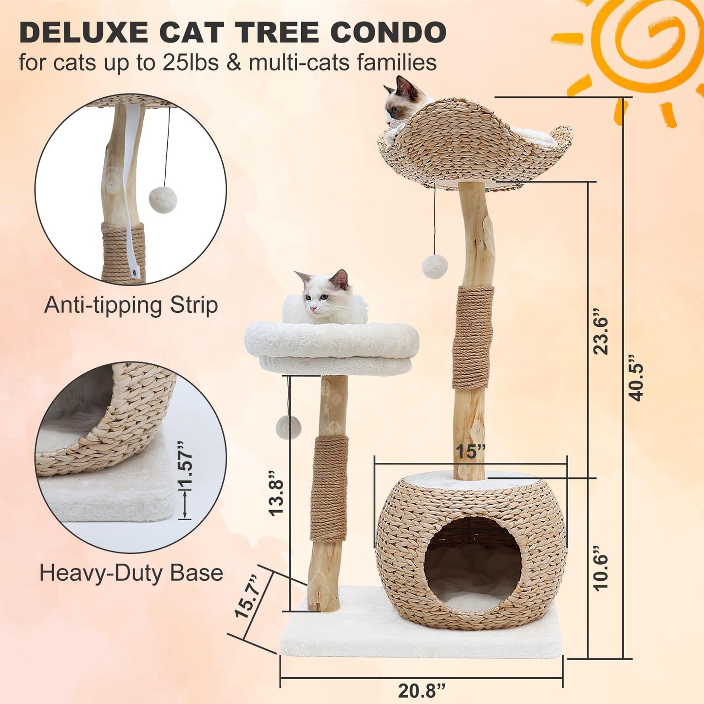 KULAMOON Modern Cat Tree Tower for Indoor Cats, Real Branch Ball