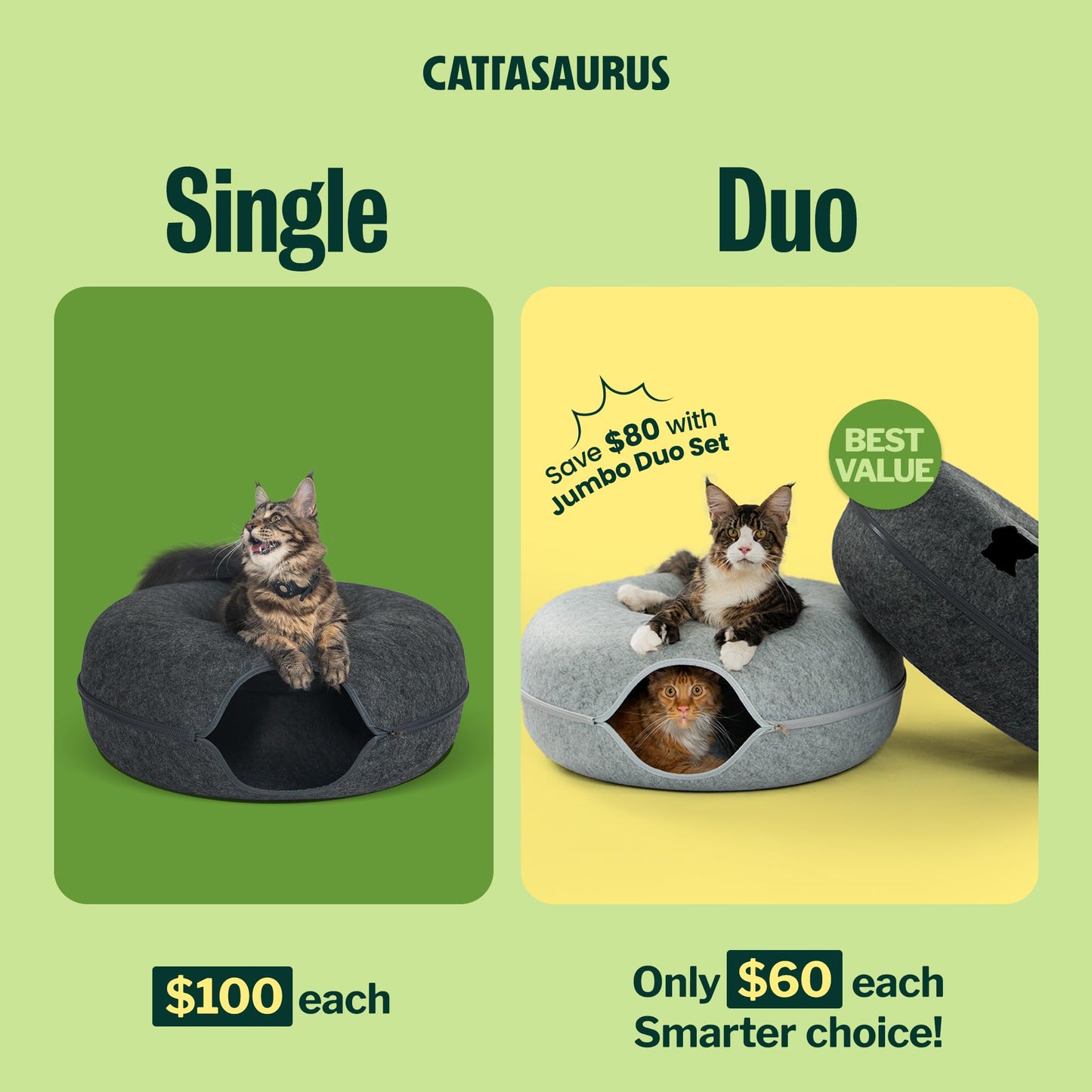 Cattasaurus Peekaboo Cat Cave Duo Jumbo Set, Extra Spacious Cat Bed