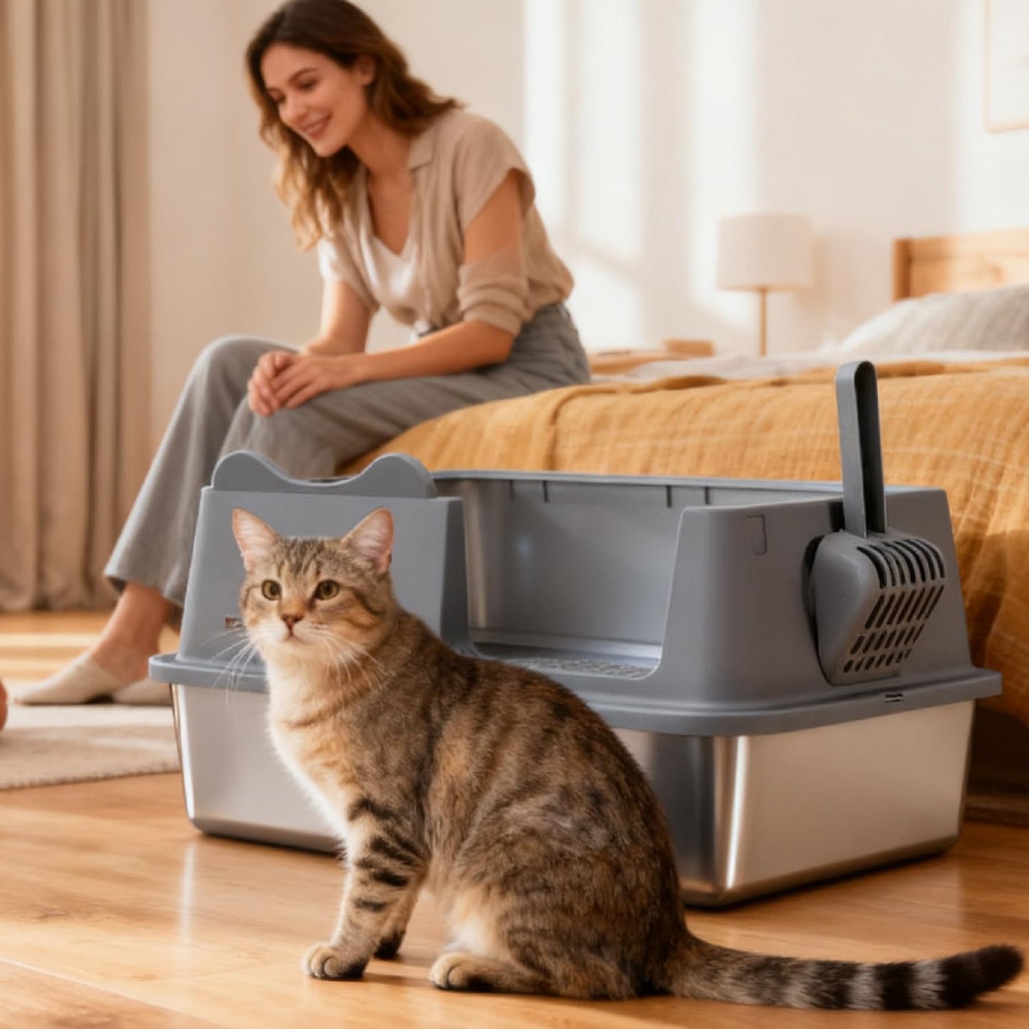Stainless Steel Cat Litter Box, Open Top High-Sided Metal Litter Box