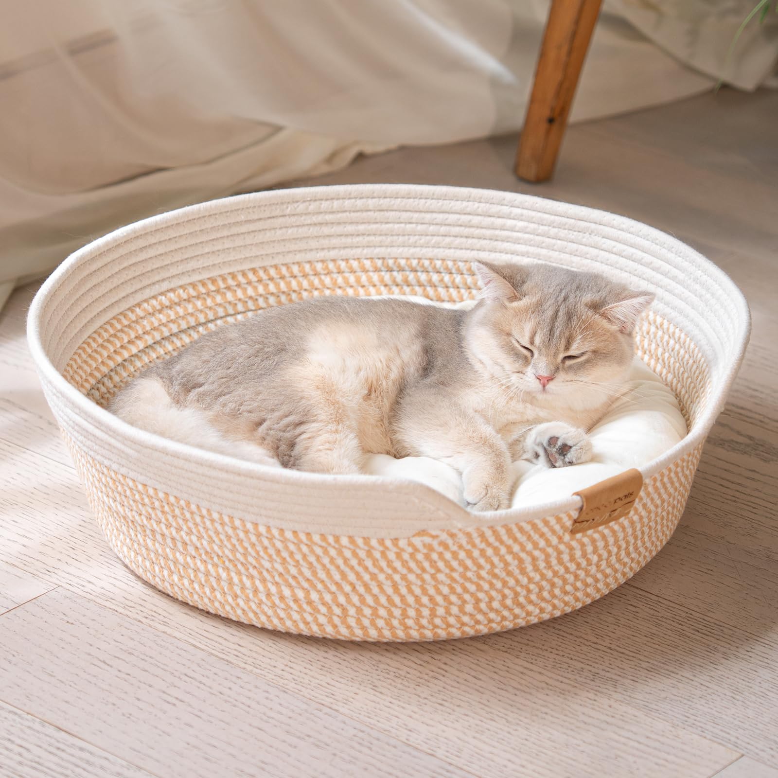 CHEERHOME PETS Cat Bed Basket with Cushion, Cotton Rope Woven Pet Bed