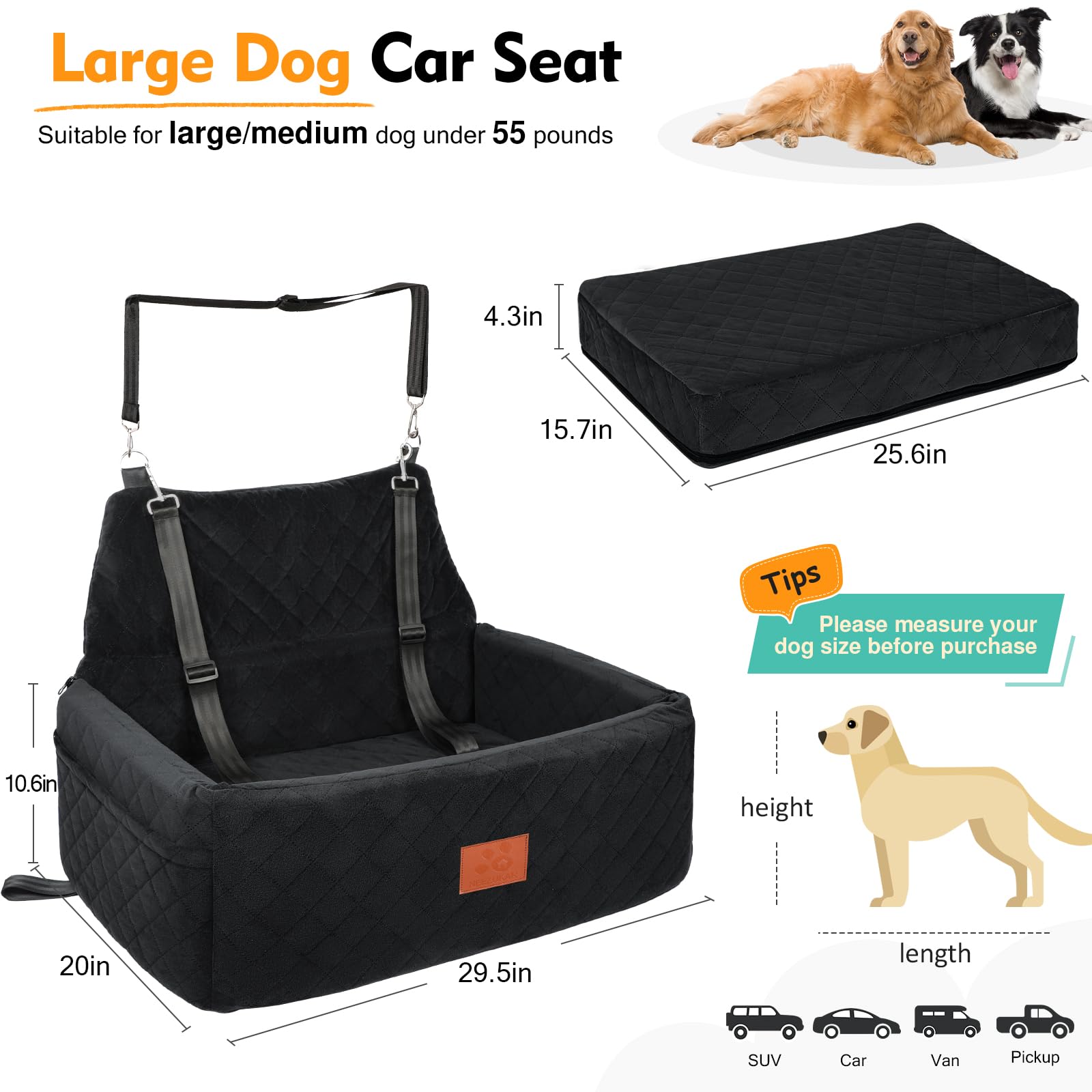 NEEZUKAR Dog Car Seat for Large Medium Dogs,Portable Washable Pet Seat