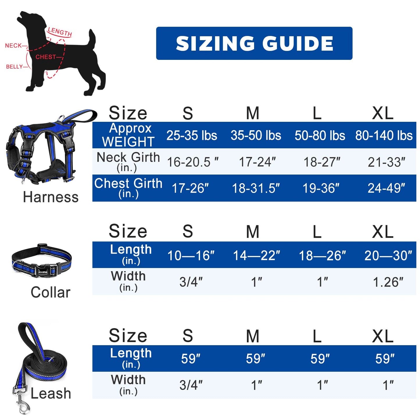 WINSEE Reflective Dog Harness, Collar Leash Set, No Pull Collar