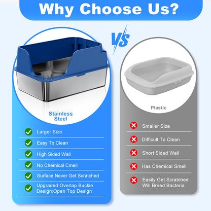 Non-stick Stainless Steel Litter Box, XL Side Opening Splash-Proof Box