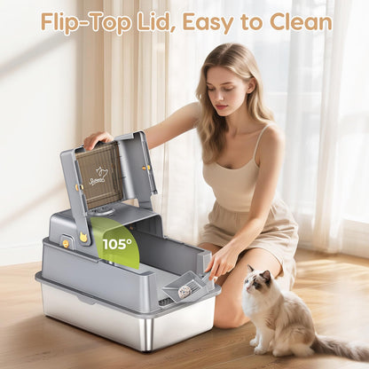 L7 Pro-Stainless Steel Litter Box with Lid, XXL Extra Large Mat