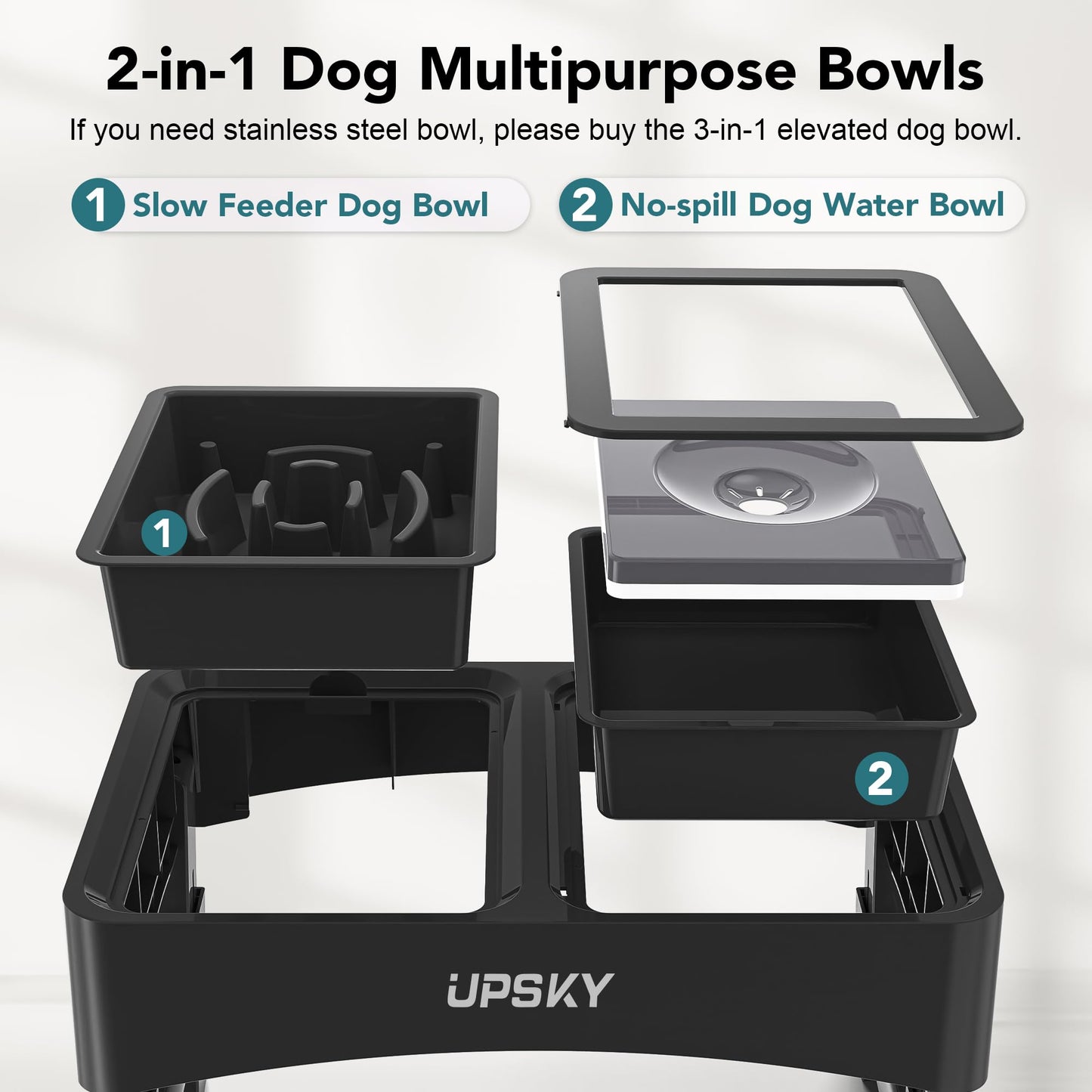 UPSKY 2-in-1 Elevated Dog Bowls Slow Feeder, 4 Height Adjustable Bowl
