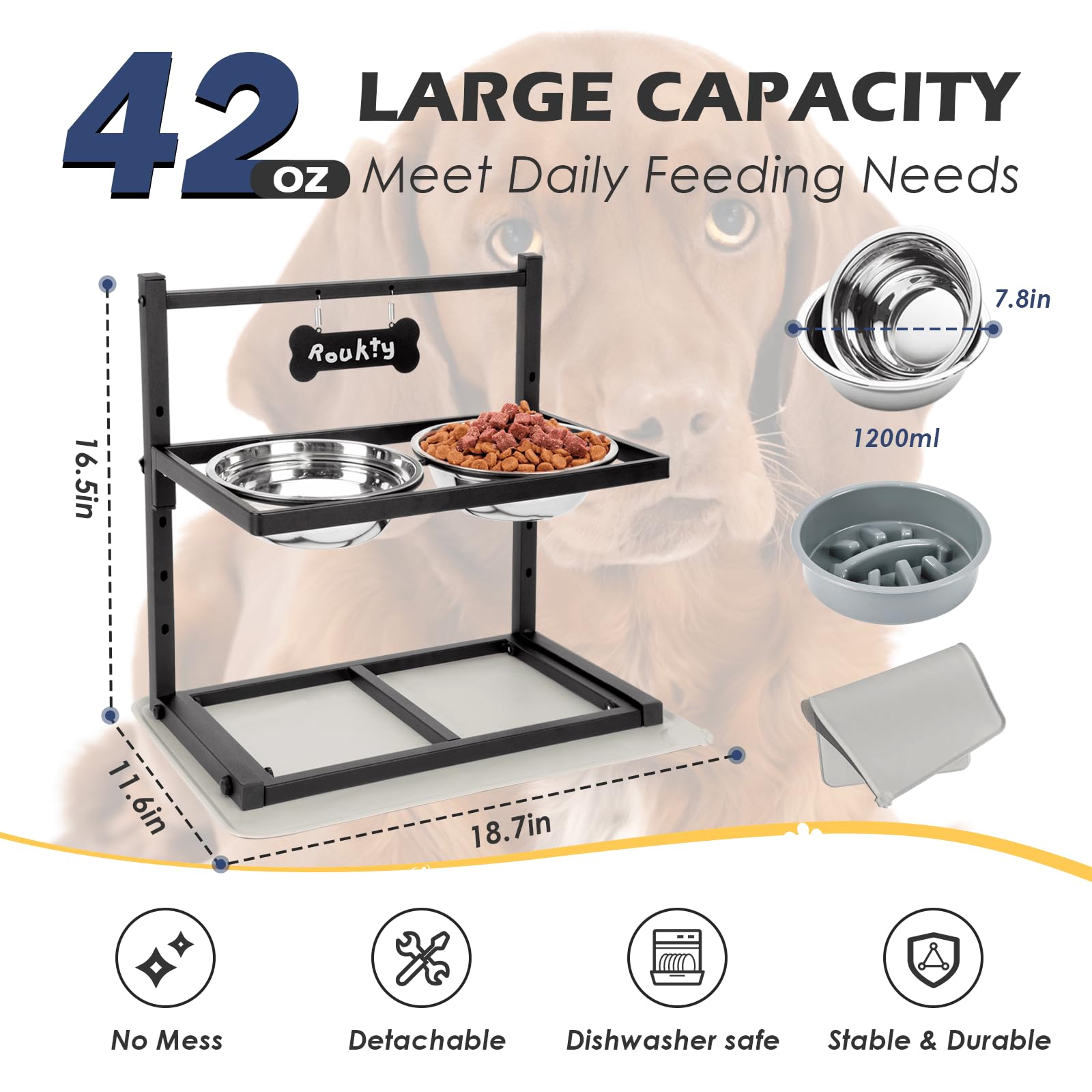 ADENGL Elevated Dog Bowls with Slow Feeder, 5 Adjustable Heights Mat