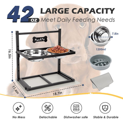 ADENGL Elevated Dog Bowls with Slow Feeder, 5 Adjustable Heights Mat