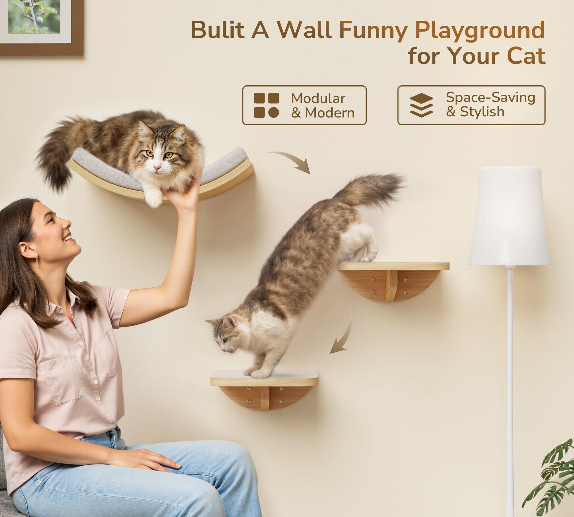 Cat Wall Shelf with Curved Hammock Bed, Wall Mounted Cat Perch Bed