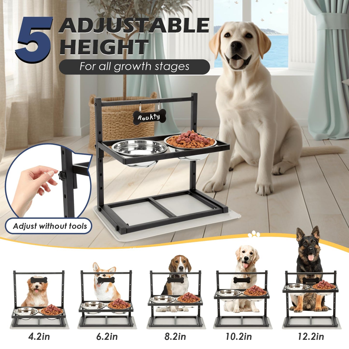 ADENGL Elevated Dog Bowls with Slow Feeder, 5 Adjustable Heights Mat