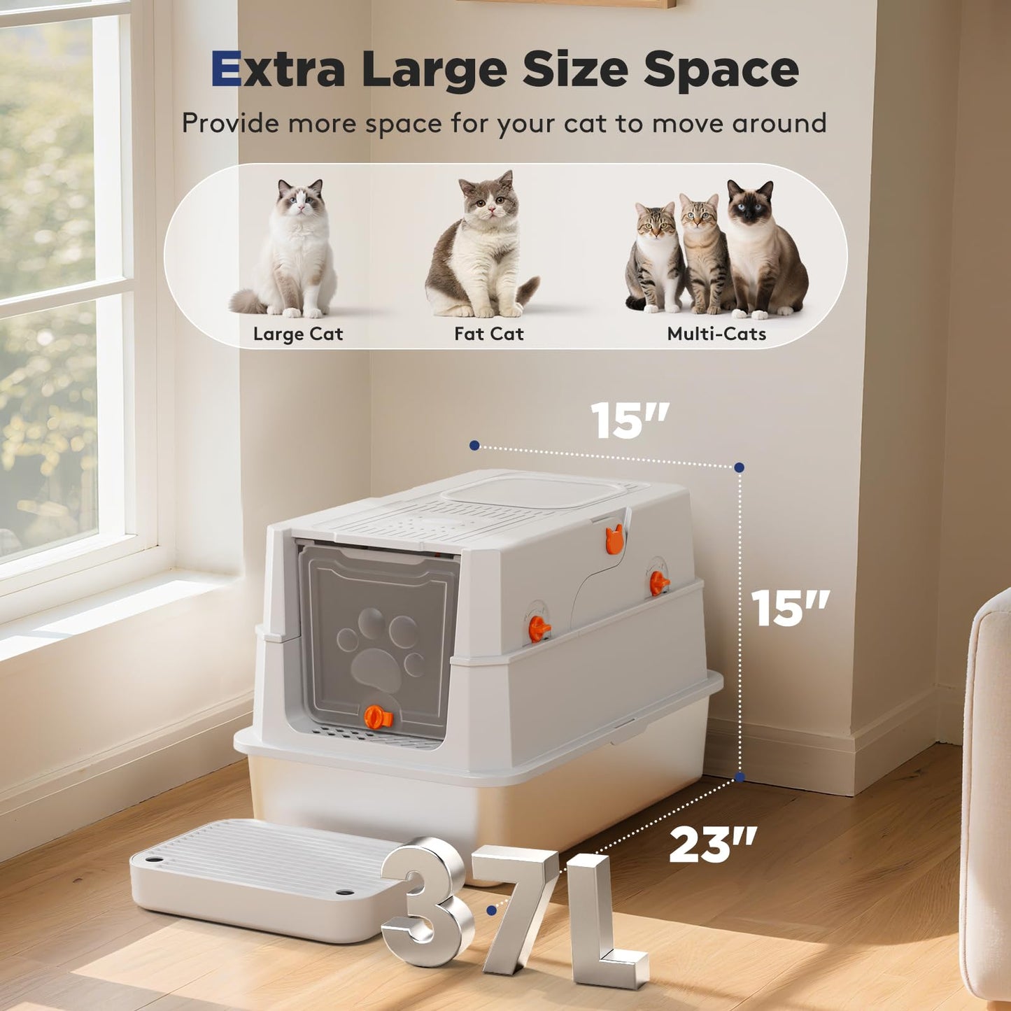 FURTIME Stainless Steel Litter Box with Lid, XL Extra Large Box