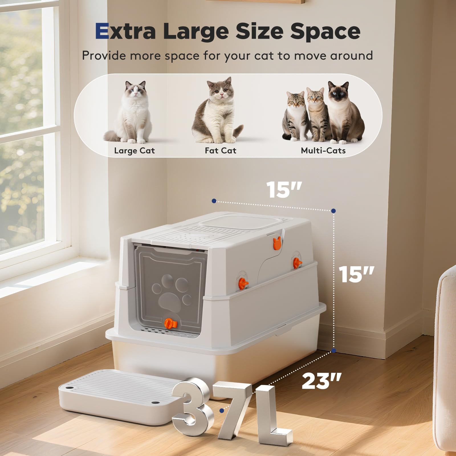 FURTIME Stainless Steel Litter Box with Lid, XL Extra Large Box