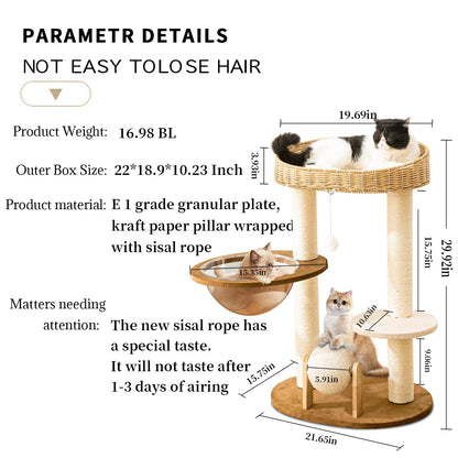 Modern Cat Tree for Indoor Cats, Wood Cat Tree with Natural Ball