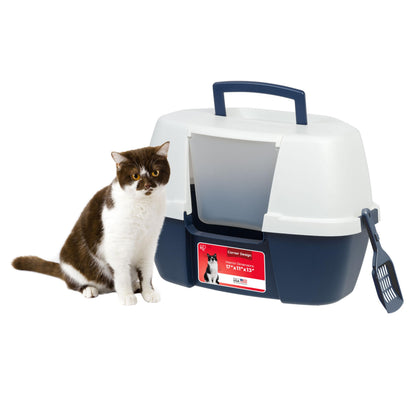 IRIS USA Cat Litter Box Enclosed Corner Litter Box with Scoop, Tray