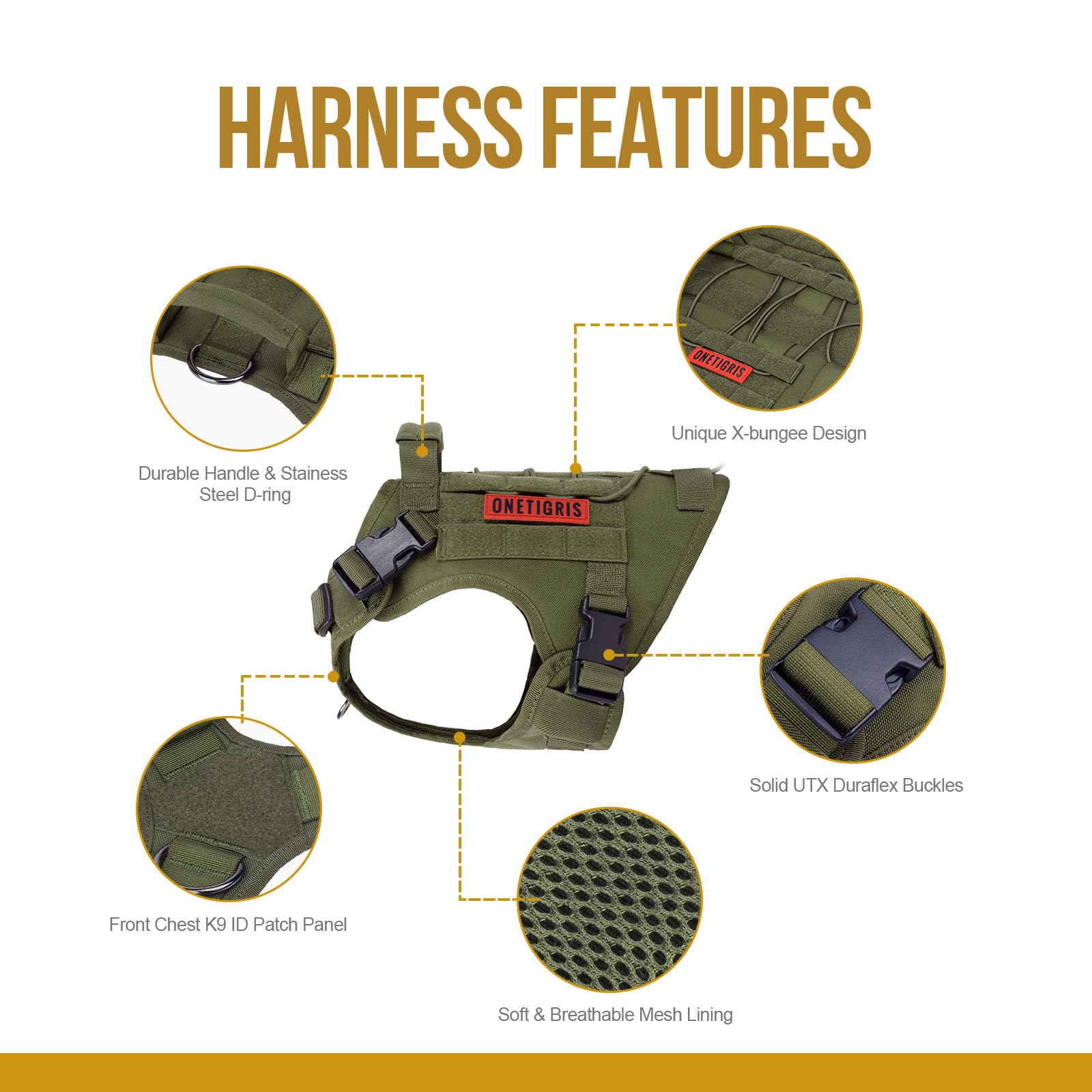 OneTigris Dog Harness, Tactical Dog Harness No-Pull Breathable Harness