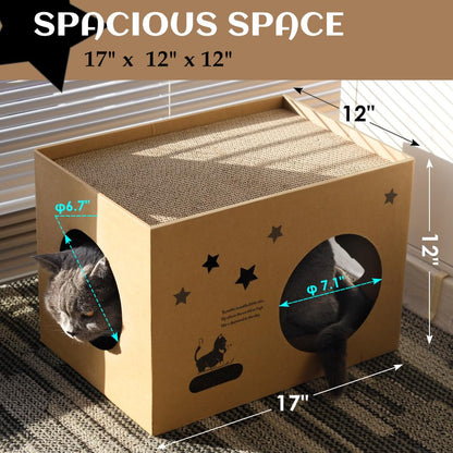 Cat Cardboard House with 2 PCS Scratching Pads，Large Cat House