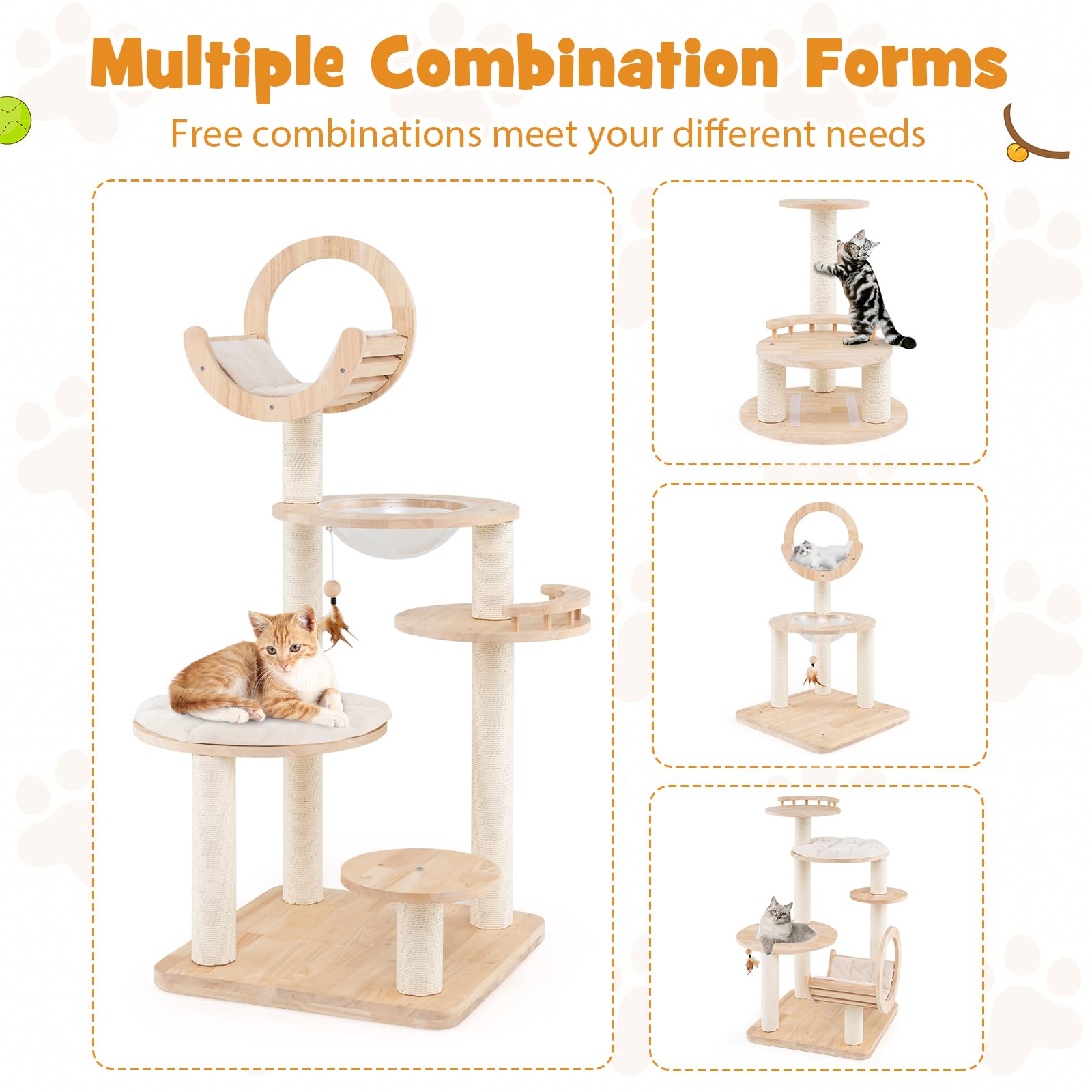 Tangkula Solid Wood Cat Tree, 4-in-1 Building Block Large Cat Toy