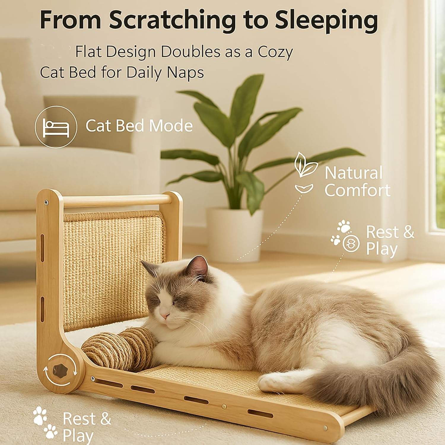 32" Sisal L Shaped Cat Scratch Pad with Ball Toy, Wooden Ball
