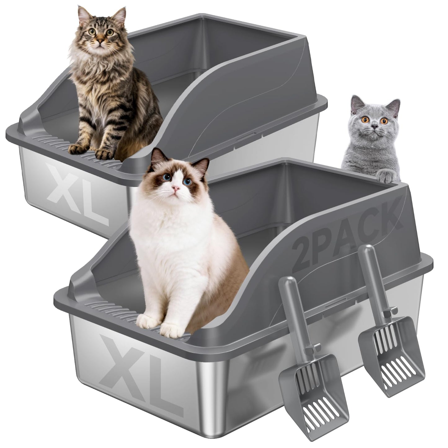 2PACK Stainless Steel Litter Boxes, Extra Large XL Odor Free Metal Box