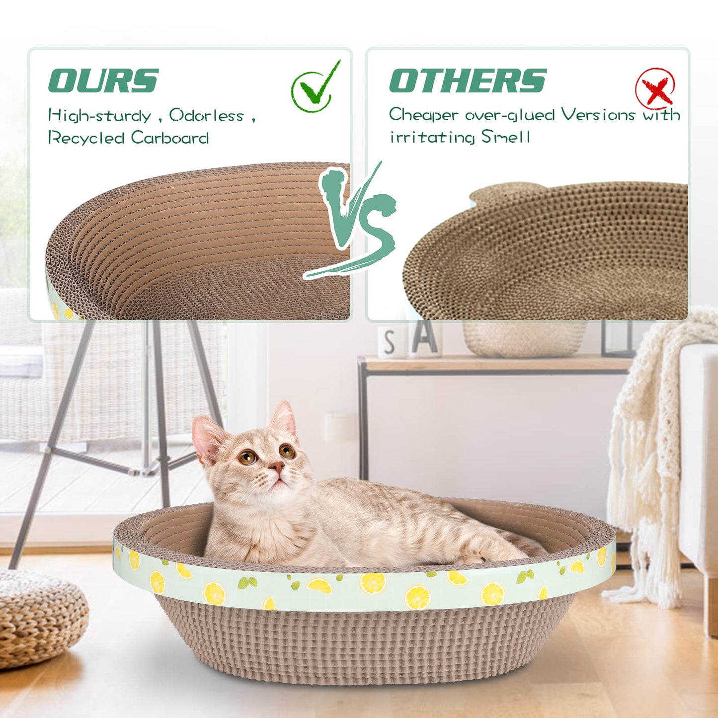 Oval Cat Cardboard Scratcher with Lounger Bed, High-Density Kitty Pad