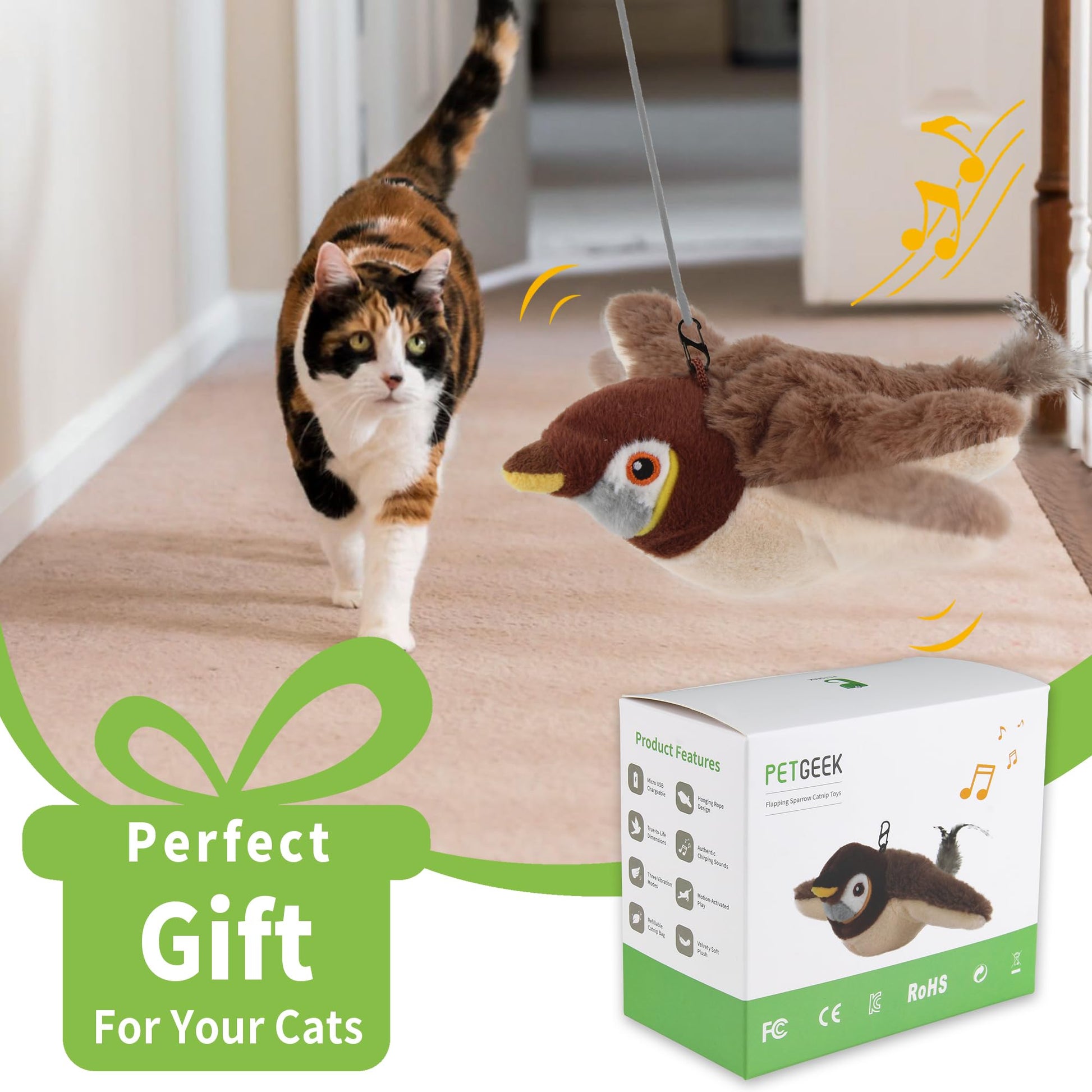 Gigwi PETGEEK Flapping Bird Cat Toy, Interactive Simulated Catnip