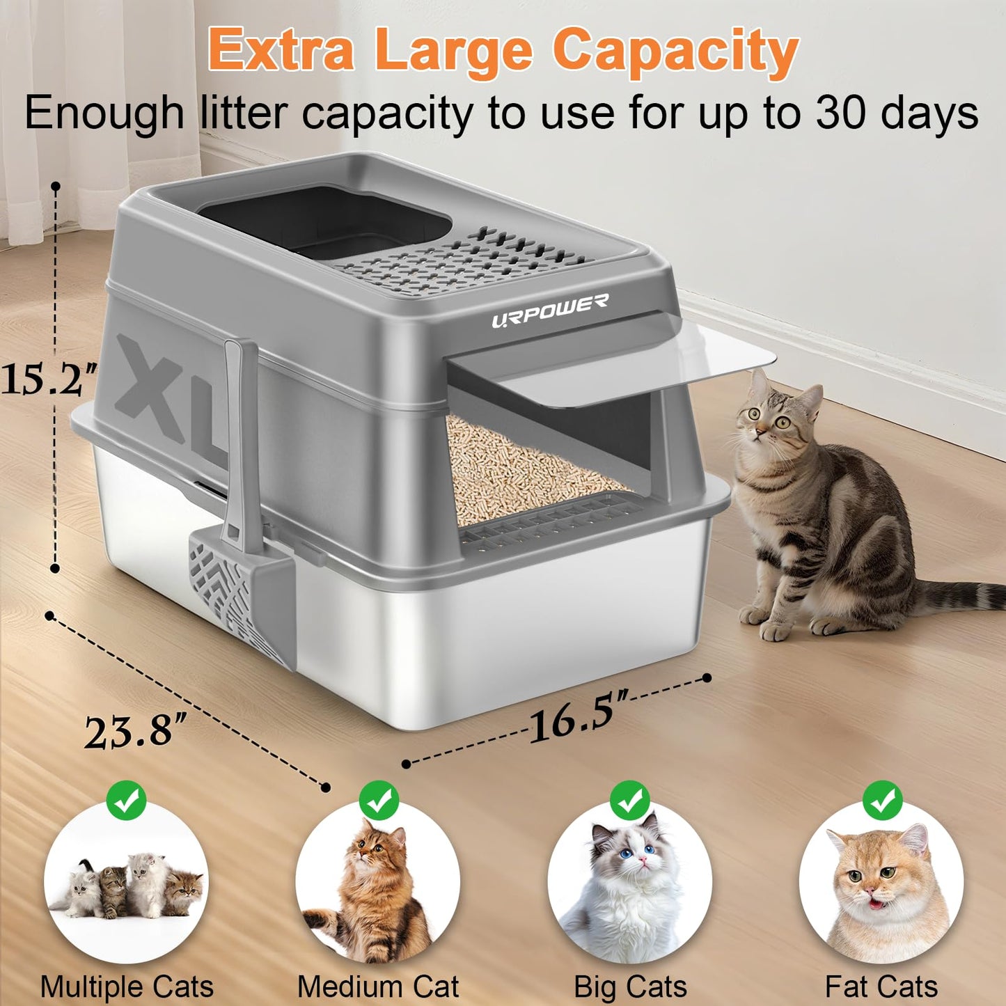 URPOWER Stainless Steel Cat Litter Box with Lid Extra Large Box