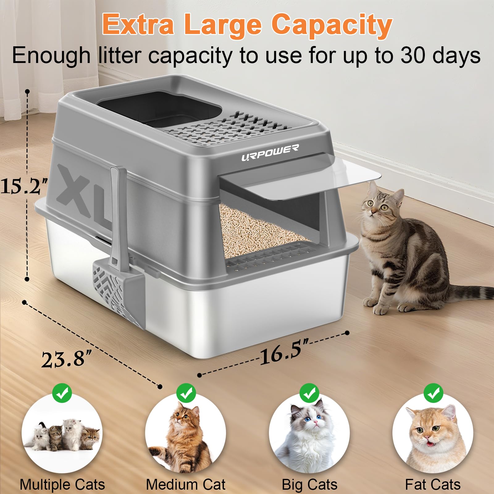URPOWER Stainless Steel Cat Litter Box with Lid Extra Large Box