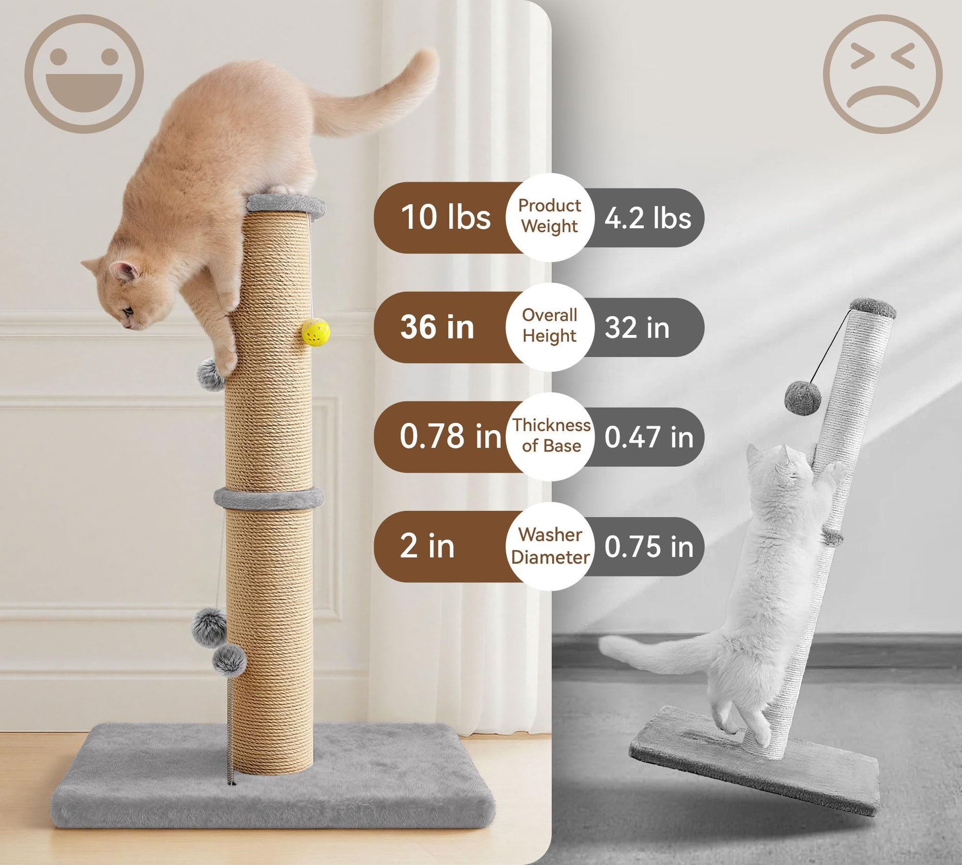 PELUOMOZ 5-Inch Thick Sisal Cat Scratching Post, 36" Tall Cat Tower