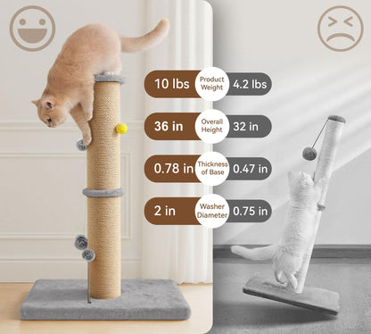 PELUOMOZ 5-Inch Thick Sisal Cat Scratching Post, 36" Tall Cat Tower