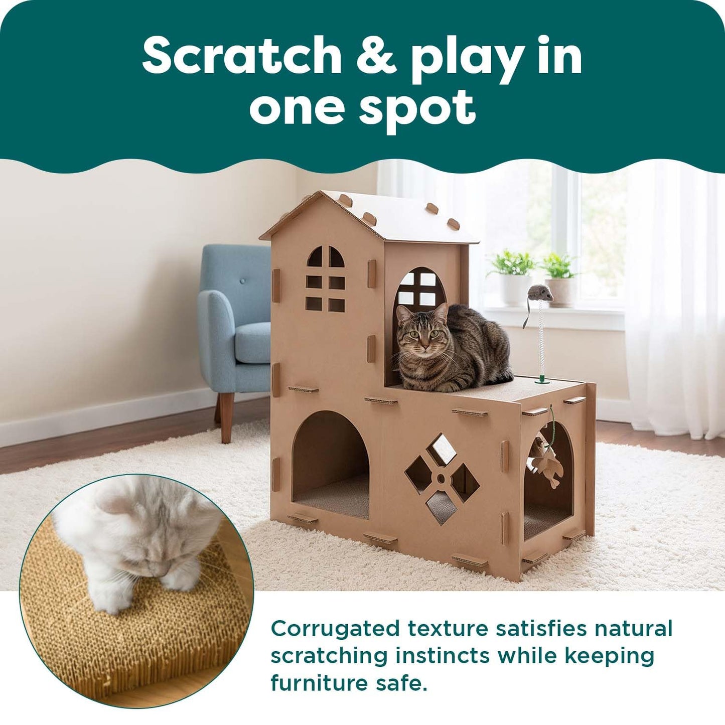 FurHaven Townhouse Multi-Level Cardboard Cat House for Indoor House