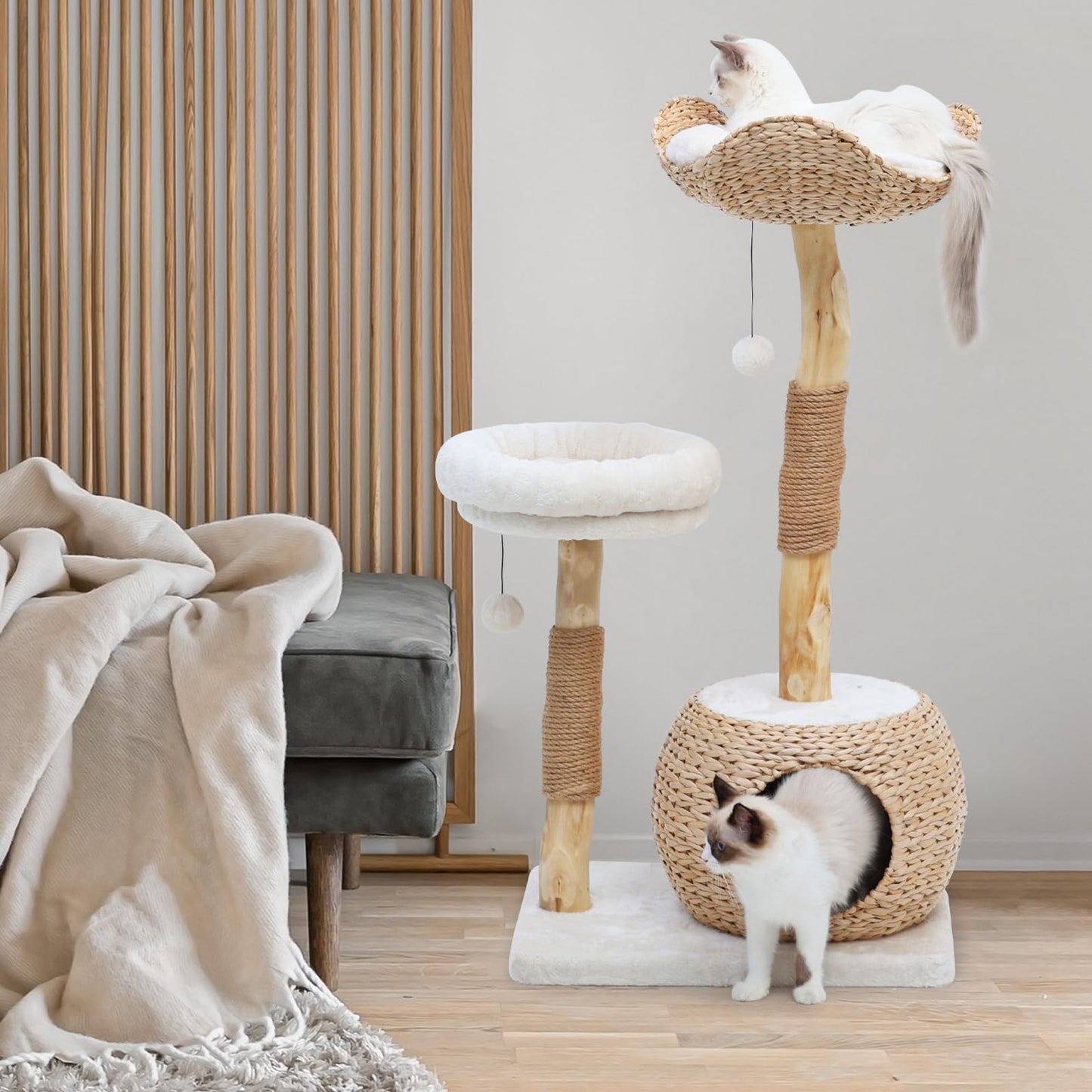 KULAMOON Modern Cat Tree Tower for Indoor Cats, Real Branch Ball