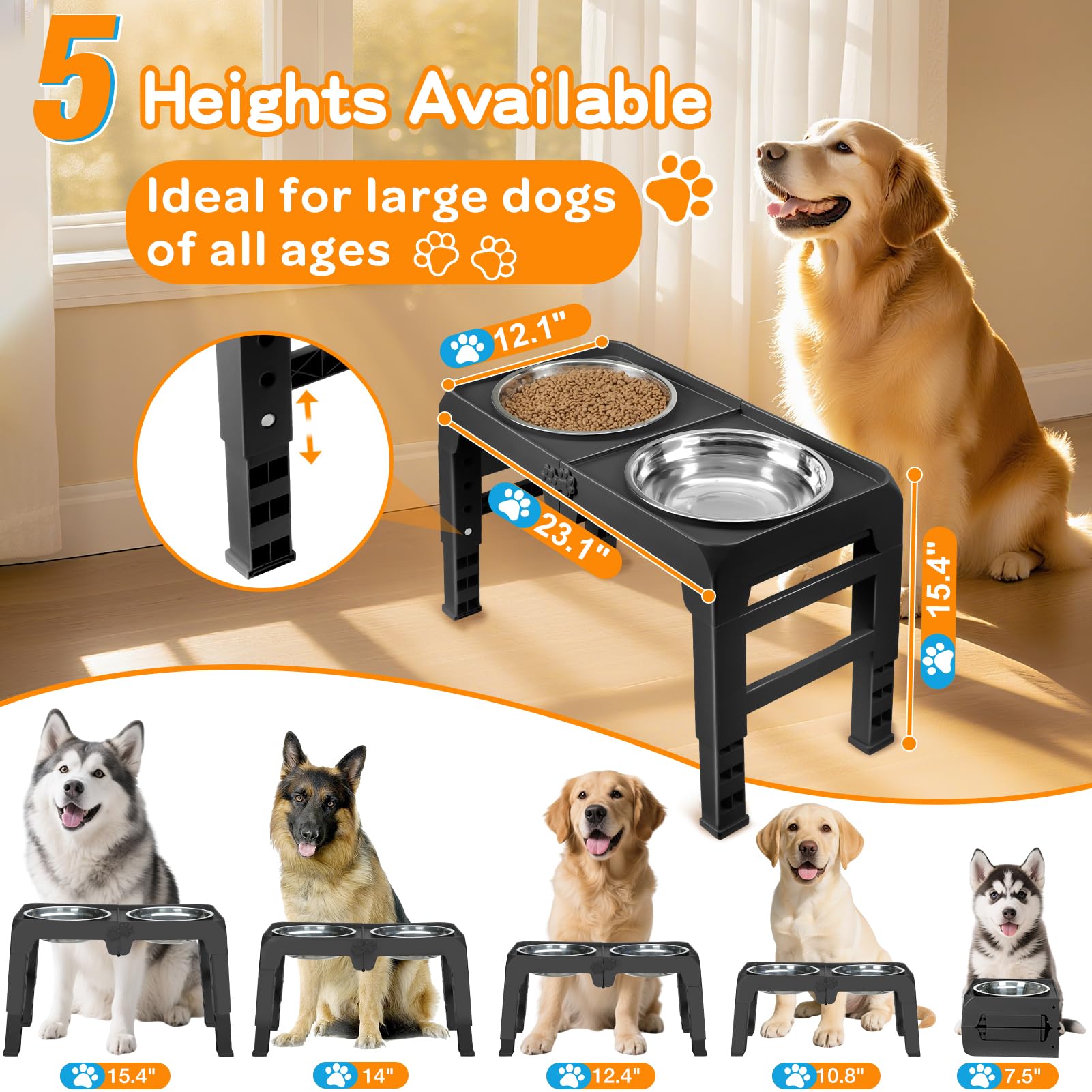 Elevated Dog Bowls for Large Dogs 5 Adjustable Heights Bowl