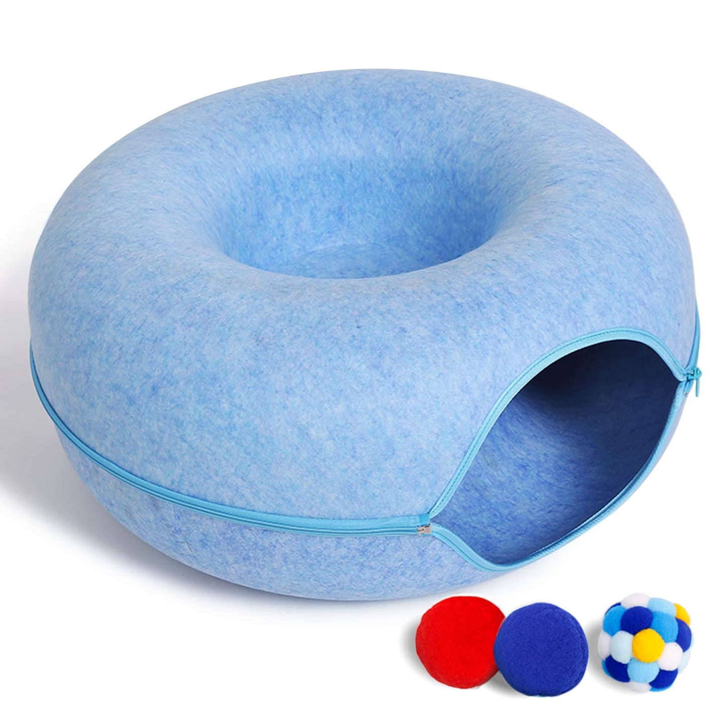 Large Cat Tunnel Bed for Indoor Cats with 3 Toys, Scratch Bed