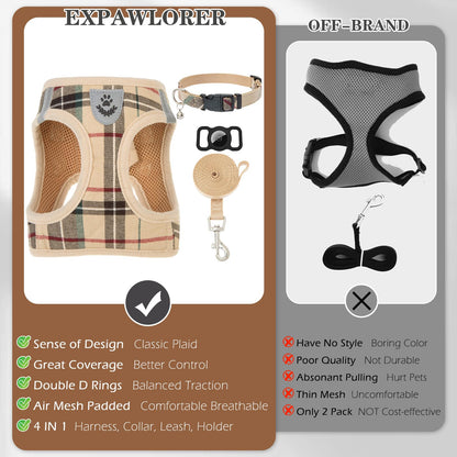 EXPAWLORER Plaid Small Dog Harness and Leash Set with AirTag Collar